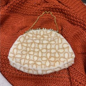 Chic Cream Beaded Mini Bag with Gold Chain